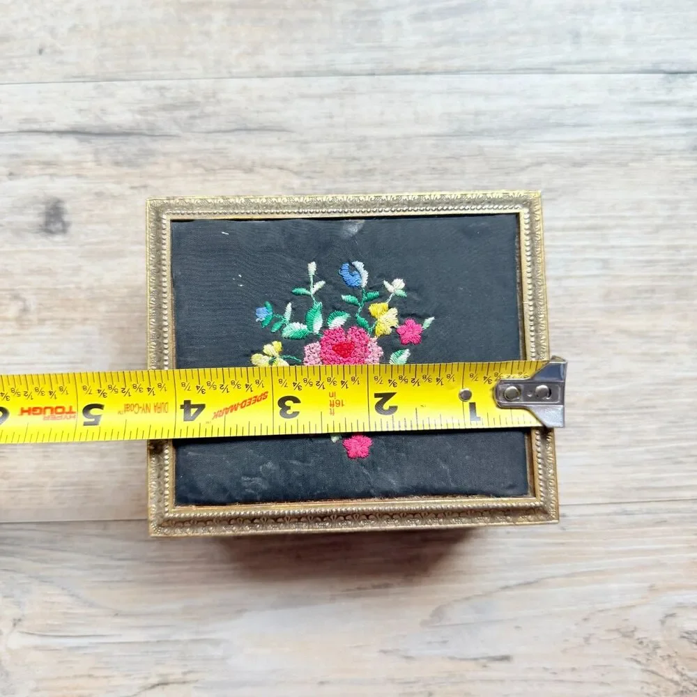 Vintage Jewelry Box Music Brass Floral Embroidered Sankyo Gold Tone Red Velvet